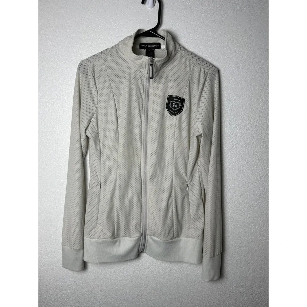 Asmar Equestrian Womens Small Mesh Zip Up Jacket Cream Mock Neck Logo Back